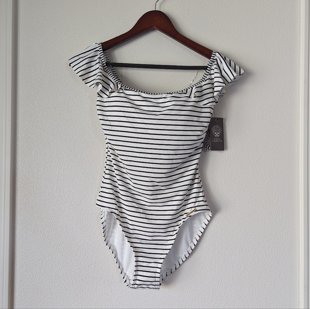 NWT Vince Camuto Flutter Sleeve Off Shoulder Halter Strap One Piece Swimsuit 8